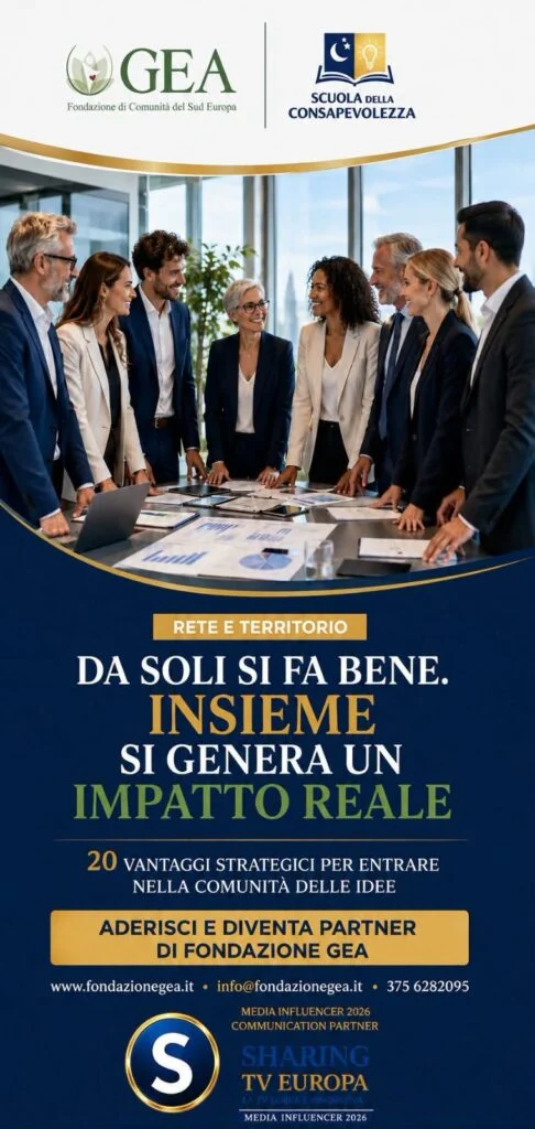 Locandina della Comunità delle Idee di Fondazione GEA: «Da soli si fa bene. Insieme si genera un impatto reale», 20 vantaggi strategici per entrare nella rete